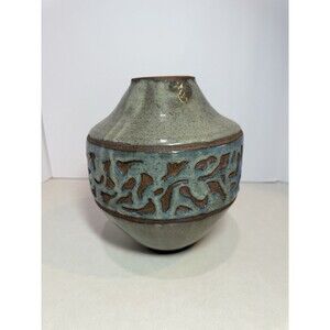 Studio Pottery Vase 10” Signed Stoneware Carved Textured Art Pottery